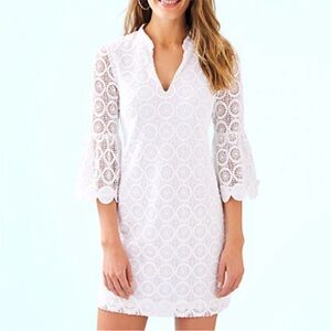 Lilly Pulitzer Zelle Dress Resort White Zanzibar Disc Lace Bell Sleeve Shift
